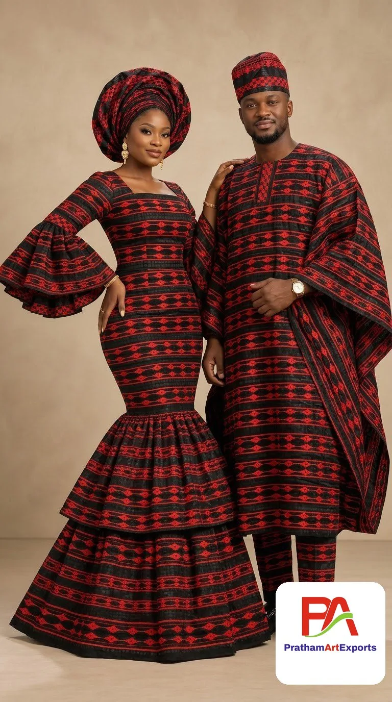 Meba Wo Abrokyere Kente Embroidered Fabric – Black & Red Diamond Rows (G16)