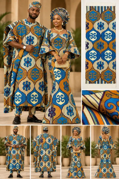 Meba Wo Abrokyere Kente Embroidered Fabric – Royal Blue, Ochre & Cream Oval Medallions (G03)