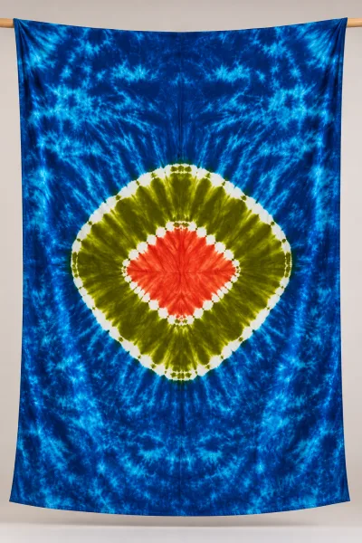 Tie-Dye Boubou Kaftan with Headwrap – Blue, Olive & Orange