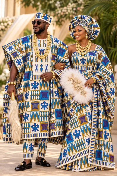 Meba Wo Abrokyere Kente Embroidered Fabric – Cream, Royal Blue & Gold Adinkra Kente Blocks (G12)