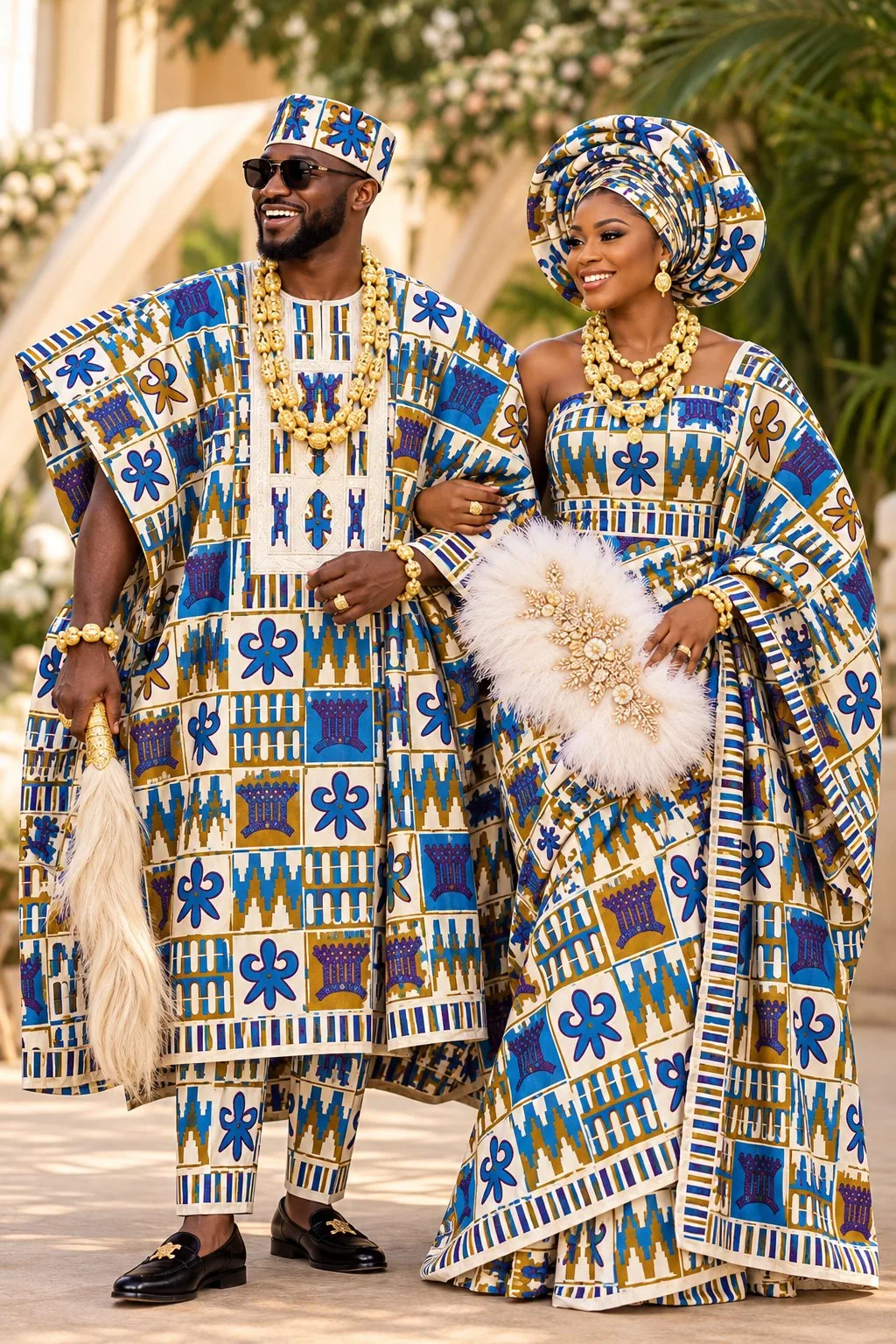 Meba Wo Abrokyere Kente Embroidered Fabric – Cream, Royal Blue & Gold Adinkra Kente Blocks (G12)
