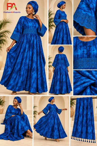 Royal Blue Tie-Dye Kaftan Dress with Schiffli Work & Dupatta (D.No DR10)