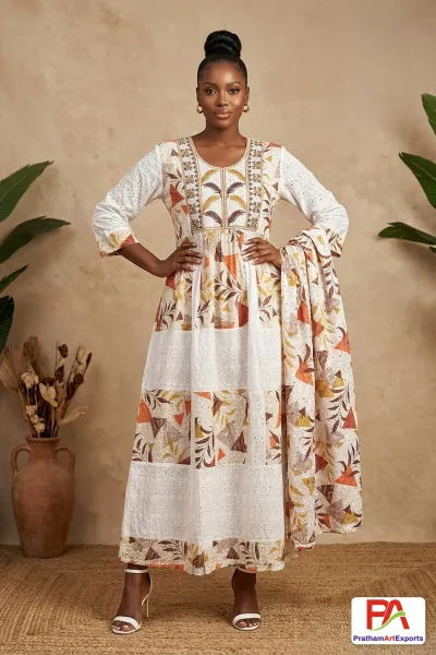 Schiffli Eyelet Patchwork Print Kaftan Dress with Dupatta – 4 Colours (D.No 1015)
