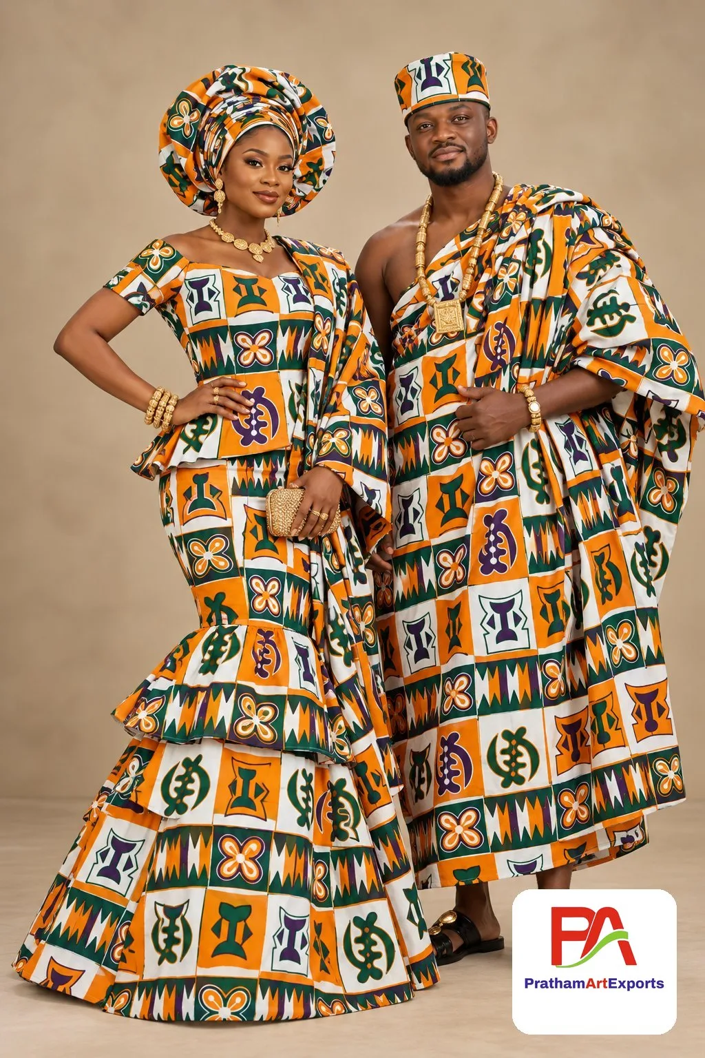 Meba Wo Abrokyere Kente Embroidered Fabric – Orange, White & Green Gye Nyame Blocks (G20)