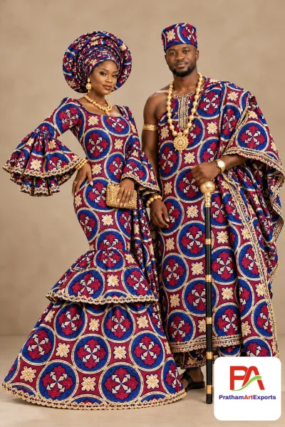Meba Wo Abrokyere Kente Embroidered Fabric – Royal Blue & Magenta Circle Medallions (G28)