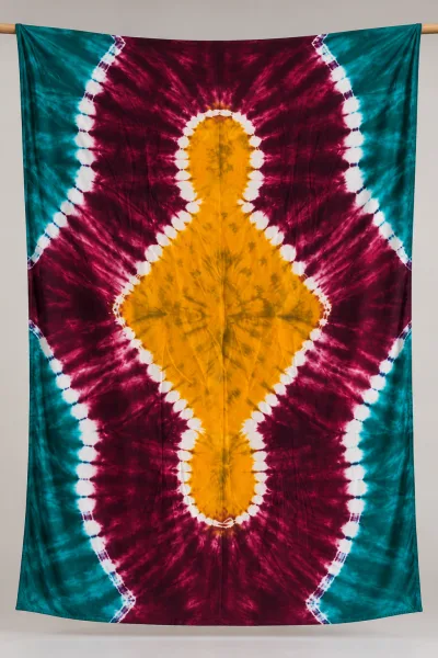 Tie-Dye Boubou Kaftan with Headwrap – Maroon, Teal & Gold