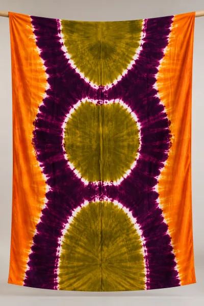 Tie-Dye Boubou Kaftan with Headwrap – Orange, Purple & Olive
