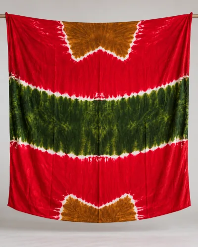 Tie-Dye Boubou Kaftan with Headwrap – Red, Olive Green & Brown